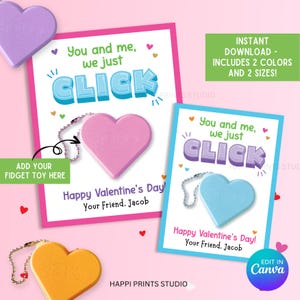 3D Printed Fidget Clicker Toy Printable Card, Clicking Fidget Valentine Favor Editable Tag, We Just Click Valentine Card (Digital Download)