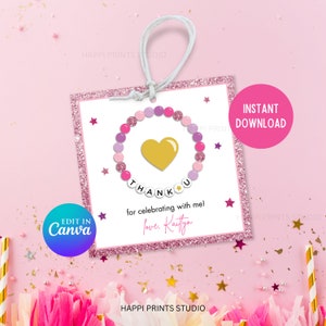 Editable Friendship Bracelet Thank You Tag, Printable Favor Gift Tag, Eras Birthday Favor Treat Tag, Pink Birthday Party Favor Goodie Bag