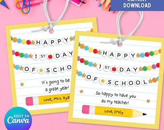 Etiqueta de regalo "Feliz primer día de clases", etiqueta de regalo editable para pulsera de la amistad, regalo para el regreso a clases, etiqueta de regalo para estudiantes de Eras