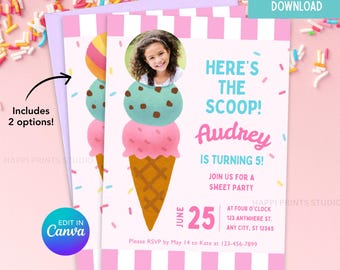 Könnte beinhalten: Rosa und weiße Geburtstagseinladung zum Thema Eiscreme mit dem Text "Here's the Scoop! Audrey wird 5!" und einem Foto eines jungen Mädchens. Enthält zwei Optionen und ist in Canva bearbeitbar.