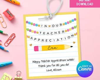 In Our Teacher Appreciation Era Gift Tag, Editable Friendship Bracelet Teacher Appreciation Week Tag, Teacher Thank You Printable Tag