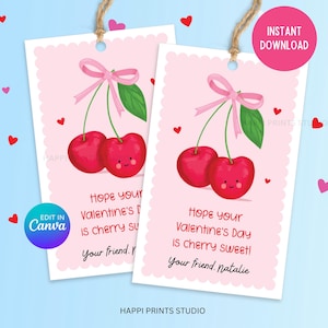 Pink Bow Cherry Valentijnsdagkaart, School Valentine afdrukbare, Cherry Sweet Valentine Tag, Pink Coquette Valentine bewerkbare gunsttag