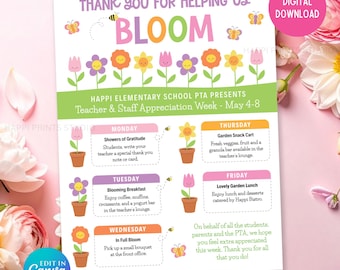 Flower Bloom Theme Teacher Appreciation Week Flyer, Thank You for Helping Us Grow, Editable PTA PTO Schedule (Digital Download)