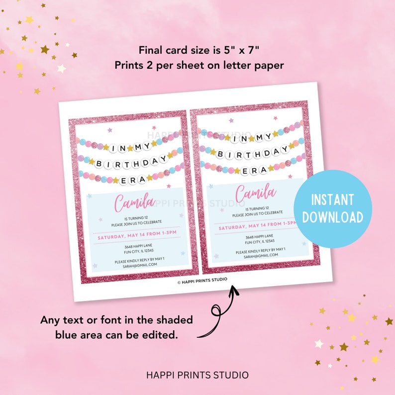 Lover Birthday Invitation, In My Birthday Era Printable Invitation, Editable Friendship Bracelet Invite, Digital Eras Birthday Party Invite image 2