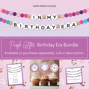 K&ouml;nnte beinhalten: Lilafarbene Glitzer-Geburtstagsdekorationen mit dem Text "In My Birthday Era" und einem Dankesch&ouml;n-Etikett mit dem Text "Thank You" und "Thank you for celebrating with me for Selena".