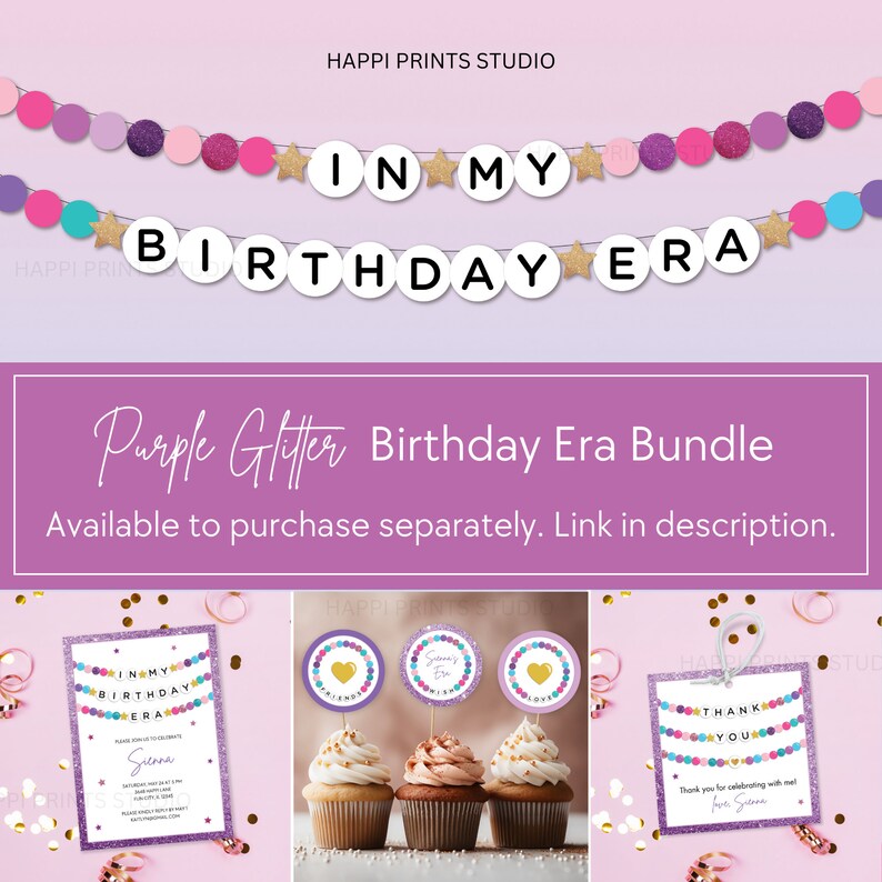 K&ouml;nnte beinhalten: Lilafarbene Glitzer-Geburtstagsdekorationen mit dem Text "In My Birthday Era" und einem Dankesch&ouml;n-Etikett mit dem Text "Thank You" und "Thank you for celebrating with me for Selena".