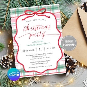 Könnte beinhalten: Weihnachtsparty-Einladung mit roter Schleife und Rahmen auf einem grün-rosa karierten Hintergrund. Die Einladung enthält den Text "Christmas party" sowie Details wie Datum, Uhrzeit und Ort. Die Worte "Sofort-Download" sind ebenfalls sichtbar.