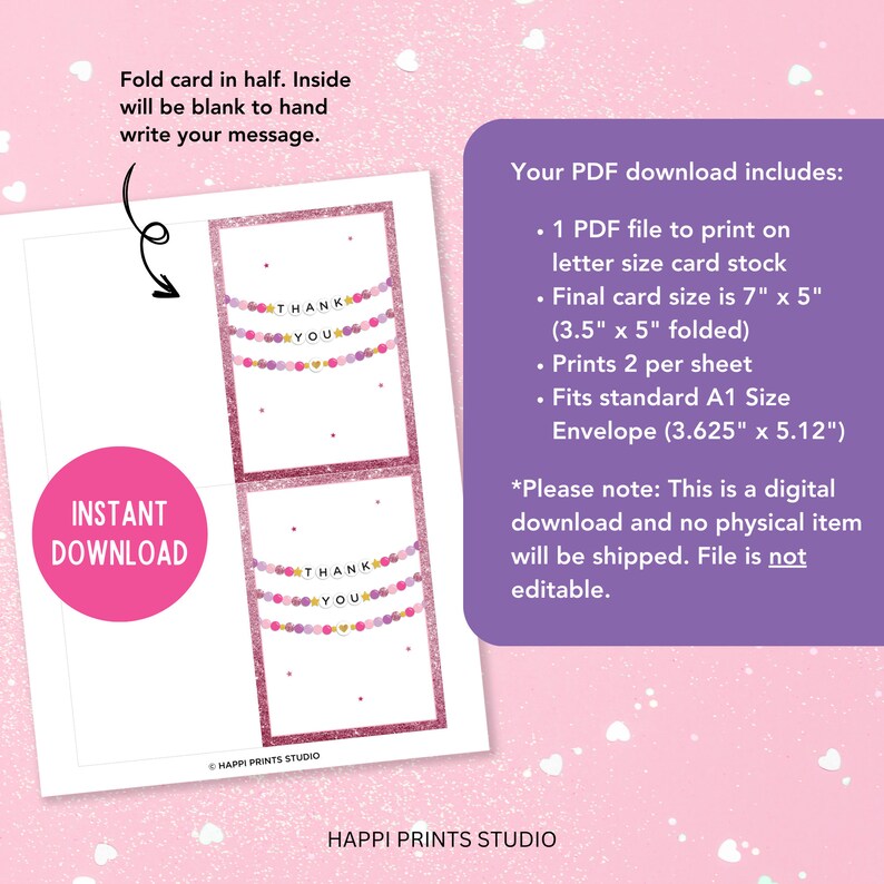 May include: Printable thank you card template featuring a pink and purple beaded garland with the words "Thank You" in gold letters. The card is designed to be folded in half and includes instructions to write a message inside. The card is 7 inches by 5 inches and prints two per sheet.