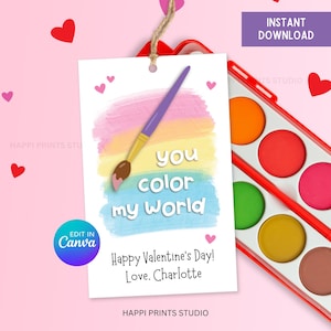 Cartão de Dia dos Namorados You Color My World, Etiqueta Imprimível Colorida Pastel para Dia dos Namorados, Etiqueta de Lembrancinha de Dia dos Namorados sem Doces e Tinta Aquarela