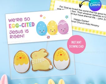 Può includere: Siamo così emozionati, Gesù è risorto! Biglietto di Pasqua con tre uova di cartone animato e un messaggio su Gesù. Il biglietto è progettato per essere stampato e regalato.
