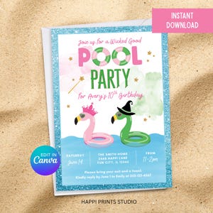 Wicked Birthday Pool Party Digital Invitation, Editable Pool Party Invite, Tween Girl Wicked Good Witch Party, Pink Green Printable Invite