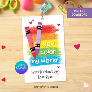Etiqueta colorida de giz de cera para o dia dos namorados, cartão de dia dos namorados You Color My World, impressão de dia dos namorados para pré-escola, etiqueta sem doces para lembrancinhas de giz de cera brilhante
