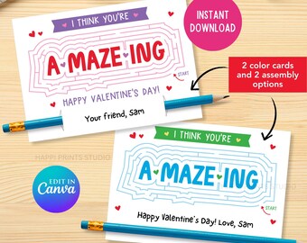 You Are Amazing Valentine Classroom Exchange Card, Amazeing Maze Valentine Printable, Puzzle Maze Toy Favor, Valentine Pencil Holder Tag
