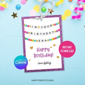 Etiqueta de presente de aniversário Eras, etiqueta de presente de pulseira de amizade Era In Your Birthday, etiqueta de feliz aniversário para amigo, etiqueta de presente personalizada para impressão