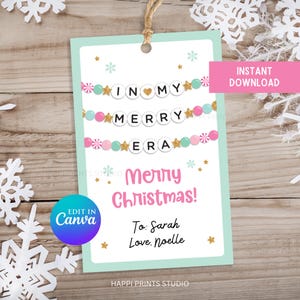 Mint Pastel Peppermint In My Merry Era Christmas Gift Tag, Editable Christmas Friendship Bracelet Printable Gift Tag, Girl Holiday Favor Tag