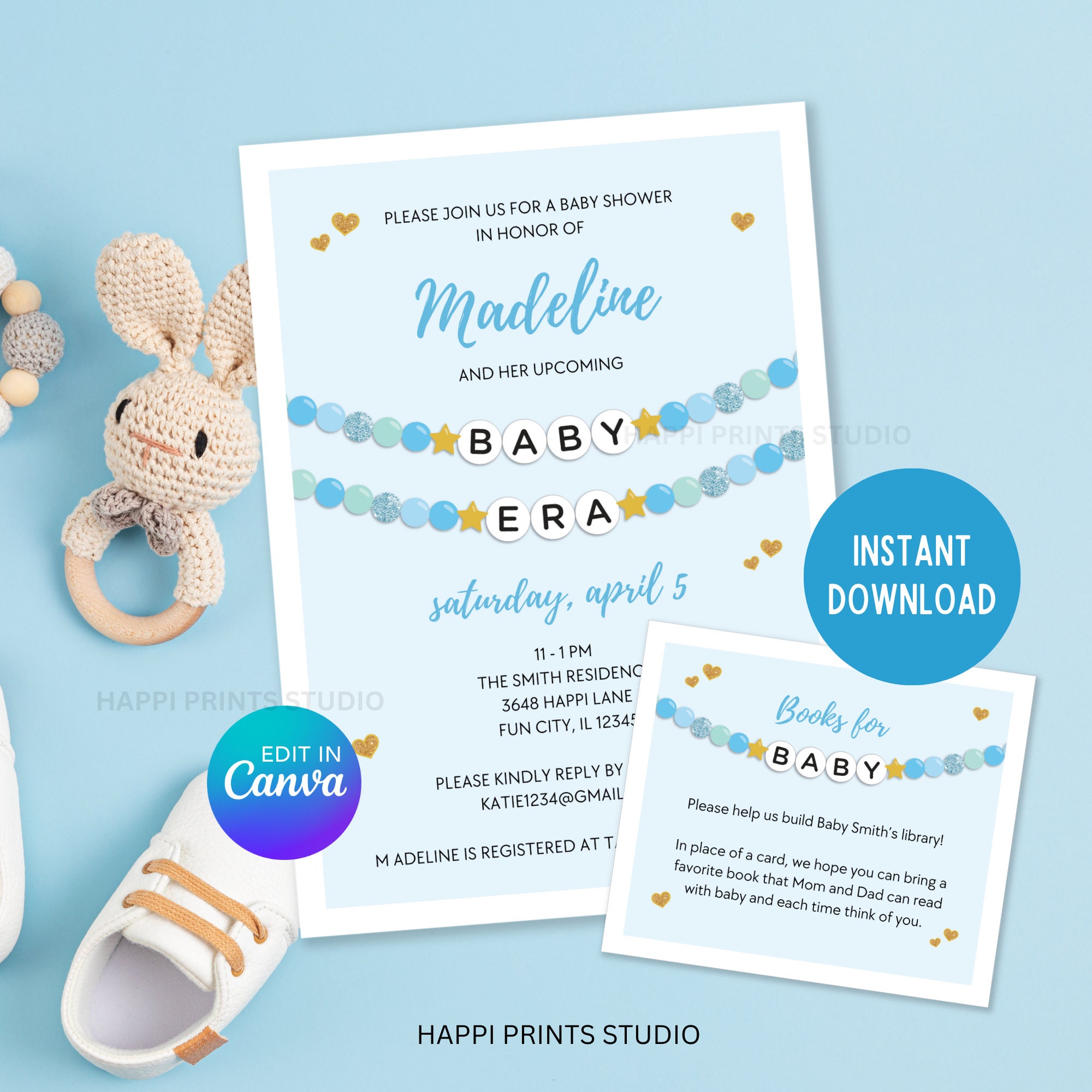 Blue Baby Era Baby Shower Invitation Printable, Editable Friendship Bracelet Baby Shower Invite, Baby Boy Baby Shower, In My Baby Era