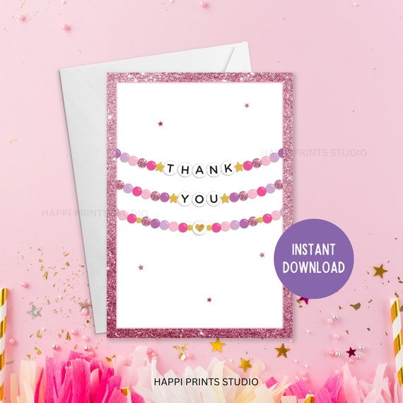 Pink Friendship Bracelet Printable Thank You Card, 3x5 Thank You Card, Birthday Thank You Note Card, Birthday Era Thank You Printable Card