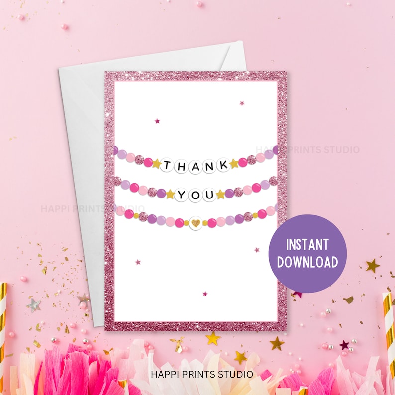 Friendship Bracelet Thank You Card, Birthday Party Thank You Card, Birthday Era Card, Pink Glitter Card