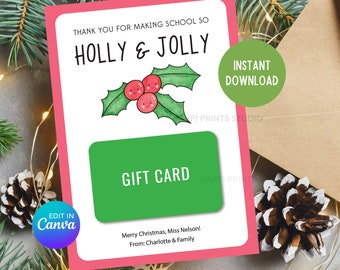 Teacher Christmas Gift Card Holder, Thank You for Making School Holly Jolly Gift Card Holder,Printable Holiday Card Holder,School Staff Gift