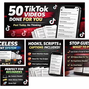 May include: A promotional image advertising TikTok video content creation. The image features the text "50 TikTok Videos Done For You", "Faceless Content System", and "Hooks, Scripts & Captions Included!" alongside a smartphone and a laptop.