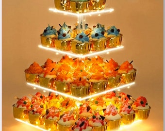 4 Tier Acrylic Cupcake Stand with Yellow LED Light - Premium Dessert Tower for Weddings, Birthdays, Parties