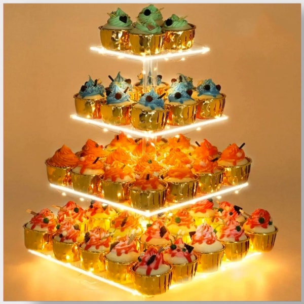 4 Tier Acrylic Cupcake Stand with Yellow LED Light - Premium Dessert Tower for Weddings, Birthdays, Parties