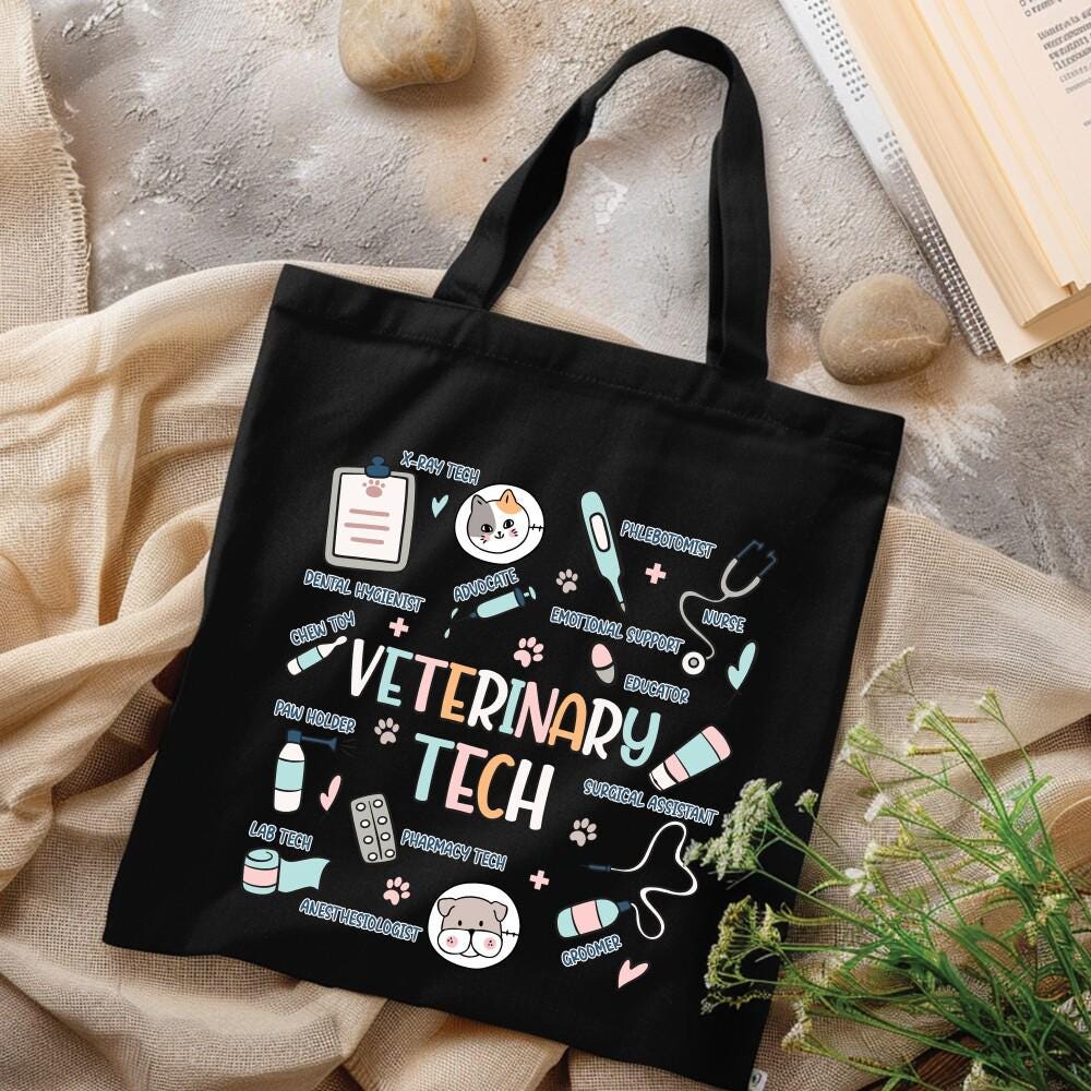 Veterinary Receptionist Gift Tote Bag - Canvas Zipper Top With Makeup Pouch & Ribbons