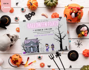 May include: A Halloween party invitation with a purple house, a spooky tree, and two children dressed as a cat and a witch. The text reads "Join Us at Our HALLOWEEN PARTY" with the date and time of the party, the address, and RSVP information. The invitation also says "Dress in your best costume."