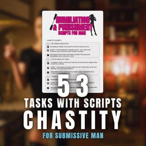 Puede incluir: Una tarjeta blanca con el texto "HUMILIATION & PUNISHMENT SCRIPTS FOR MAN" y "53 TAREAS CON SCRIPTS CHASTITY PARA HOMBRE SUMISO". La tarjeta enumera los guiones y tareas de castidad. Una silueta de mujer está en la esquina superior derecha.