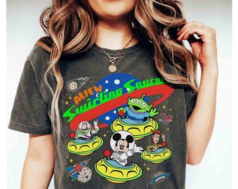 Alien Swirling Saucers Comfort Color T-shirt, Disney Toy Story Buzz Lightyear Woody Mickey Mouse Space Tee, Disneyland Family Holiday Trip