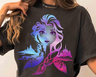 Disney Frozen Elsa tweekleurig portret T-shirt met kleurovergang. Anna Princess Tee, Olaf en Sven Tee, Magic Kingdom Disneyland Family-reis 2026