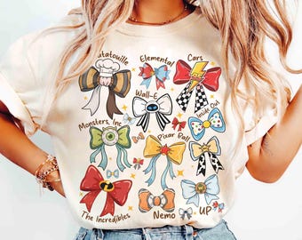 Coquette Bows Disney Pixar Movies Group T-shirt, Toy Story, Cars Land Tee, Up, Wall E, Nemo, Inside Out, California Adventure Park 2026 Trip