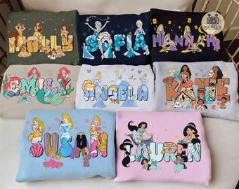 Custom Name All Disney Princesses Group Matching Shirts, Personalized Aurora Belle Ariel Cinderella Tee, Disney Girls Birthday Family Trip