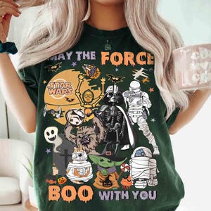 Retro Star Wars May The Force Boo With You Halloween T-shirt, Funny Star Wars Darth Vader R2D2 Chewbacca Trooper Tee, Galaxy&#39;s Edge Trip