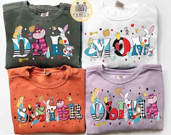 Custom Name Alice in Wonderland Matching Shirts, Mom Dad Disney T-shirt, Personalized Cheshire Hatter Queen Kids Toddler Birthday Gift Tee