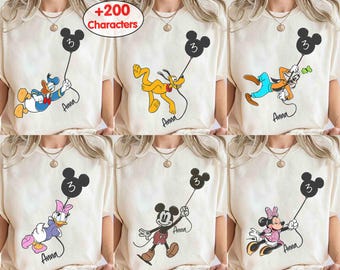 Custom Kid Toddler Name Age Mickey & Firends With Balloon Shirt, Personalized Mickey Mouse Birthday Present Gift, Disneyland Family Trip Tee