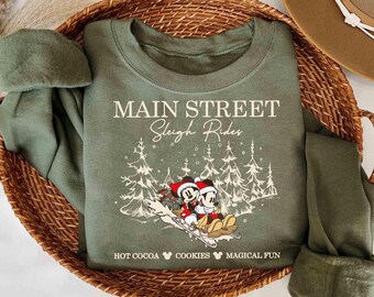 Camisetas retro de Mickey y Minnie con paseos en trineo por la calle principal, camiseta navideña de Disney, camiseta navideña de Mickey y Minnie, camiseta navideña de Disney