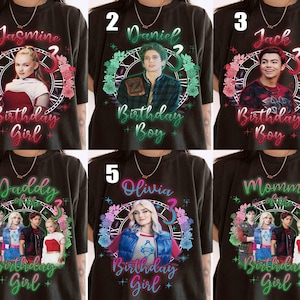 May include: Black t-shirts with various designs for birthdays. The designs include portraits of people, names, and the words "Birthday Girl" or "Birthday Boy" in decorative fonts, surrounded by floral and clock elements.