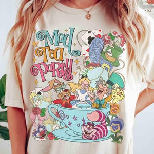 Vintage Mad Tea Party Disney Alice in Wonderland Shirt, Floral Alice Mad Hatter Cheshire Cat Family Shirt, WDW Disneyland Girl Trip Matching