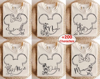 Customize All Disney Characters Family Matching Shirt, Custom Name Disney Vacation Trip Shirt, Mickey And Minnie Head Sketch Trip 2025 Gifts