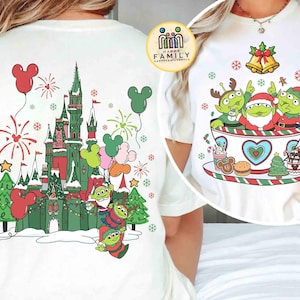 2-sided Pizza Planet Christmas Shirt, Toy Story Aliens Coffee Cup Tee, Mickey&#39;s Very Merry Christmas Party Tee, Disneyland Family 2025 Gifts