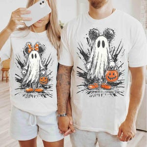 Retro Aquarell Disney Mickey und Minnie Geist-Halloween-Paar-T-Shirt, Boo für Sie, Mickey ist nicht so beängstigend Halloween-Party-T-Stück, Familienausflug
