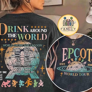 Two-sided Mickey And Friends Disney Epcot World Tour Shirt, WDW Disneyland Family Drinking around the World, Epcot Traveler Drinking Team