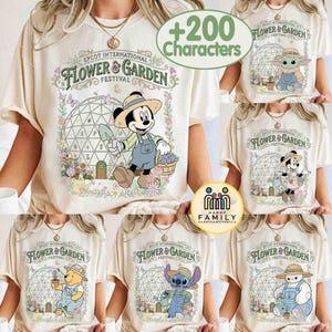 Puede incluir: Camisetas color crema con varios personajes de Disney, incluyendo Mickey Mouse, Baby Yoda, Minnie Mouse, Winnie the Pooh, Stitch y Baymax, todos vestidos de jardineros. Cada camiseta muestra el logo "EPCOT INTERNATIONAL FLOWER & GARDEN FESTIVAL".