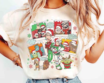 Comfort Color Disney Pixar Characters Christmas Photos Shirt, Toy Story Lights, Cars Snow, Monster Inc Tee, Mickey's Very Merry Xmas Party