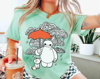 Cute Baymax Patterned Rain Clouds Portrait Shirts, Disney Big Hero 6 Characters Tee, Disneyland Magic Kingdom WDW Family Vacation 2026 Trip