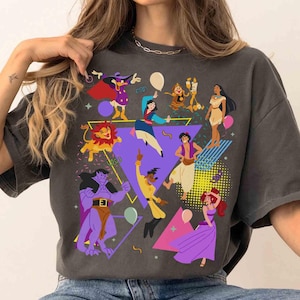 Retro 90s Disney Characters Shirts, Powerline Aladdin Simba Pocahontas Cogsworth Wash Tee, Disneyland Family Holiday Vacation 2025 Trip