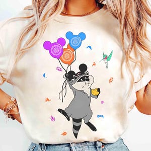 Cute Meeko Raccoon And Flit With Mickey Balloons T-shirt, Disney Pocahontas Characters Shirt, WDW Disneyland Girl Trip, Family Vacation Gift