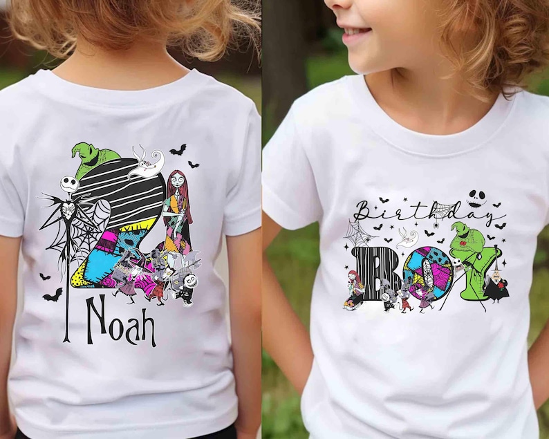 May include: White t-shirts featuring colorful graphics from The Nightmare Before Christmas. One shirt has the name "Noah" with characters like Jack Skellington and Sally. The other says "Birthday Boy" with similar characters.