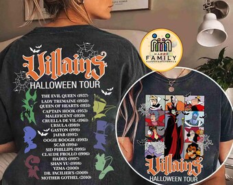 Dwustronna koszulka z motywem Disney Villains Evil Tour na Halloween, koszulka z motywem Urszuli Cruelli i Maleficent, rodzinna wycieczka na imprezę Disneyland Mickey's Not So Scary Party